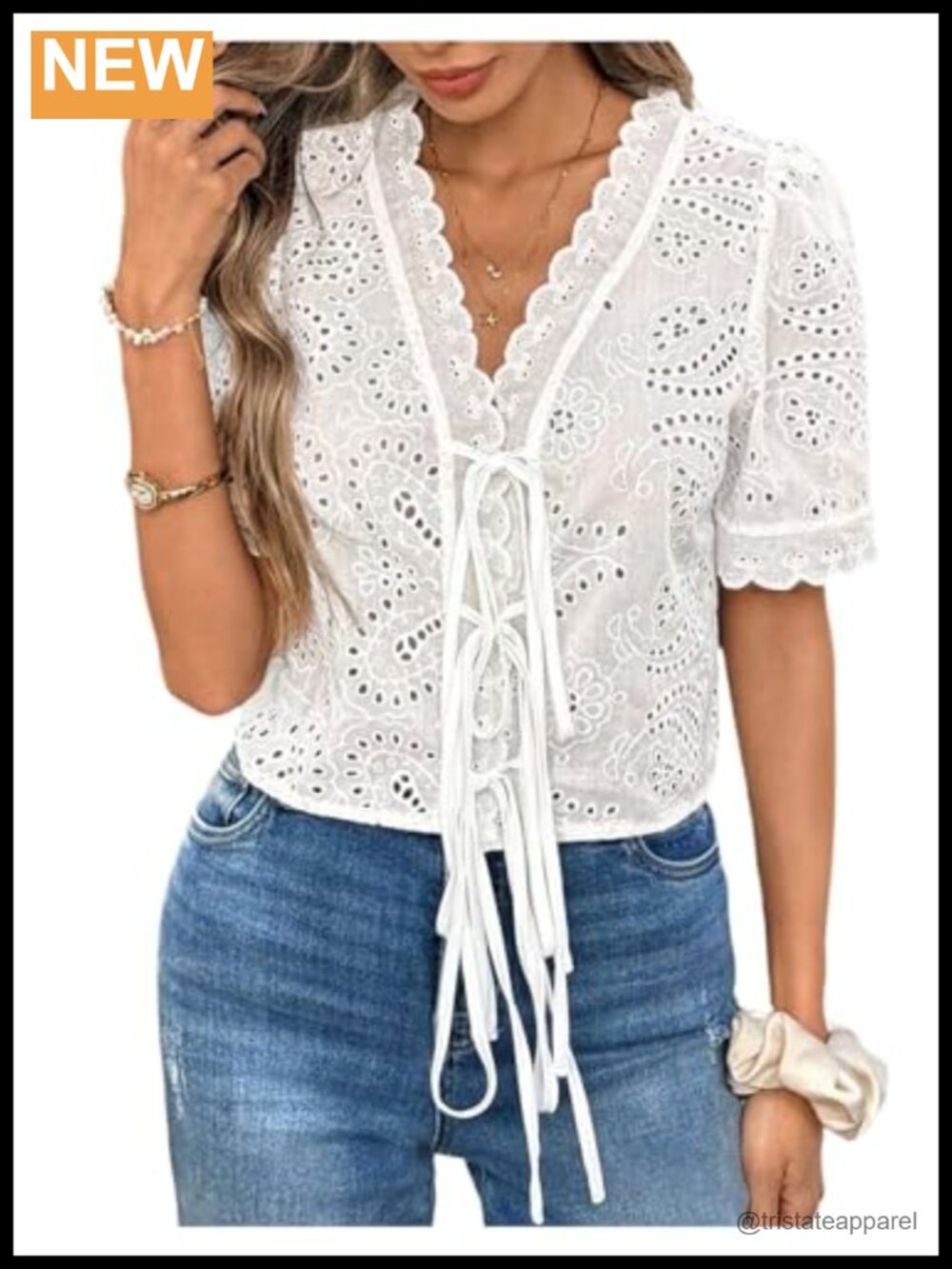 Women's Boho V-Neck Crop Top Eyelet Embroidery Knotted Front Short Sleeve Blouse